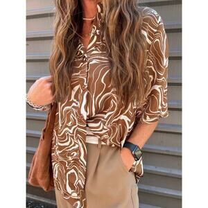 Princess Polly Marble Mae Button Up Satin Shirt Multicolor Brown/Tan Size 4